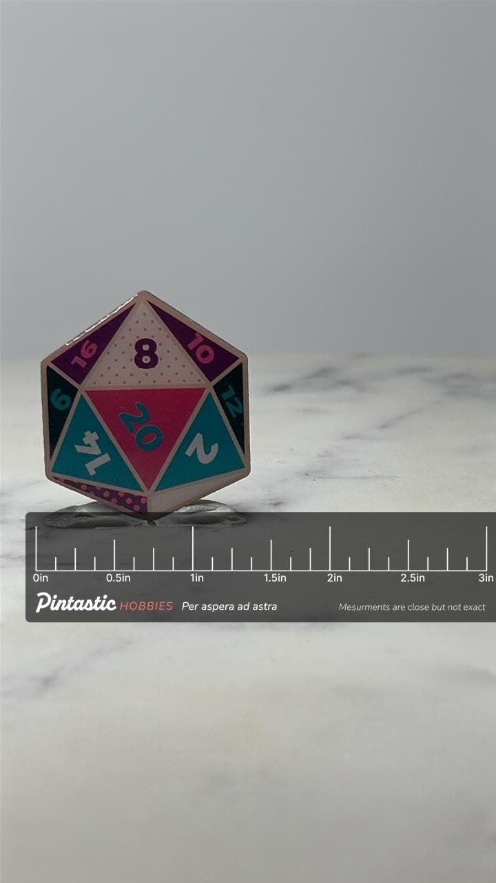 20 Sided Dice Enamel Pin: Teal & Pink - RPG Gaming Accessory with ruler overlay for size reference