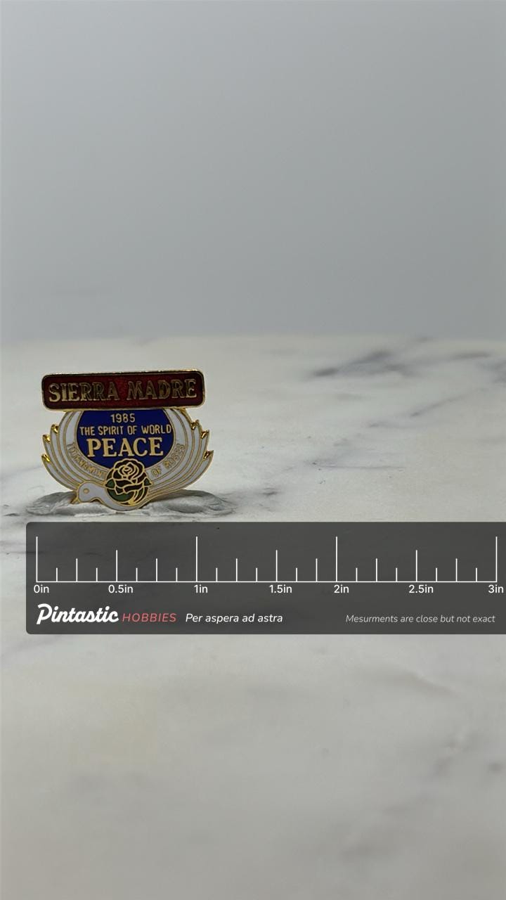 Vintage Sierra Madre Peace Lapel Pin: Gold Tone Enamel - 1985 Tournament of Roses Accessory with ruler overlay for size refer