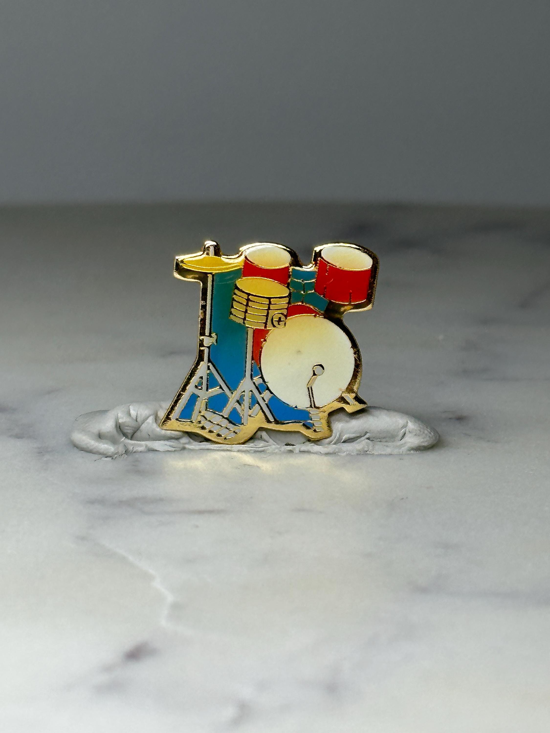 Vintage Drum Set Enamel Pin: Gold Tone - 1980s Music Accessory