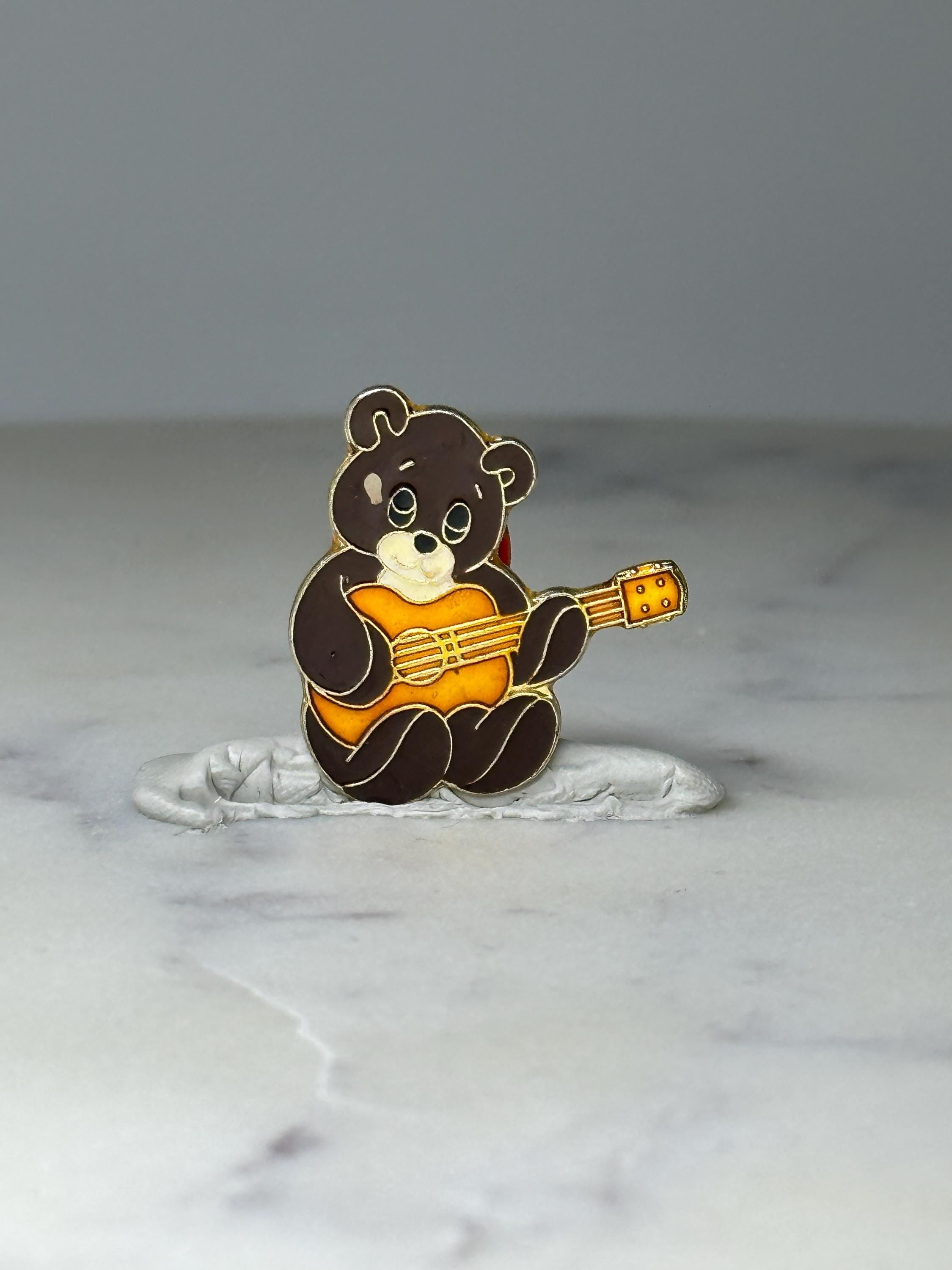 Vintage Teddy Bear Guitar Enamel Pin: Brown & Gold - Cute Music Accessory