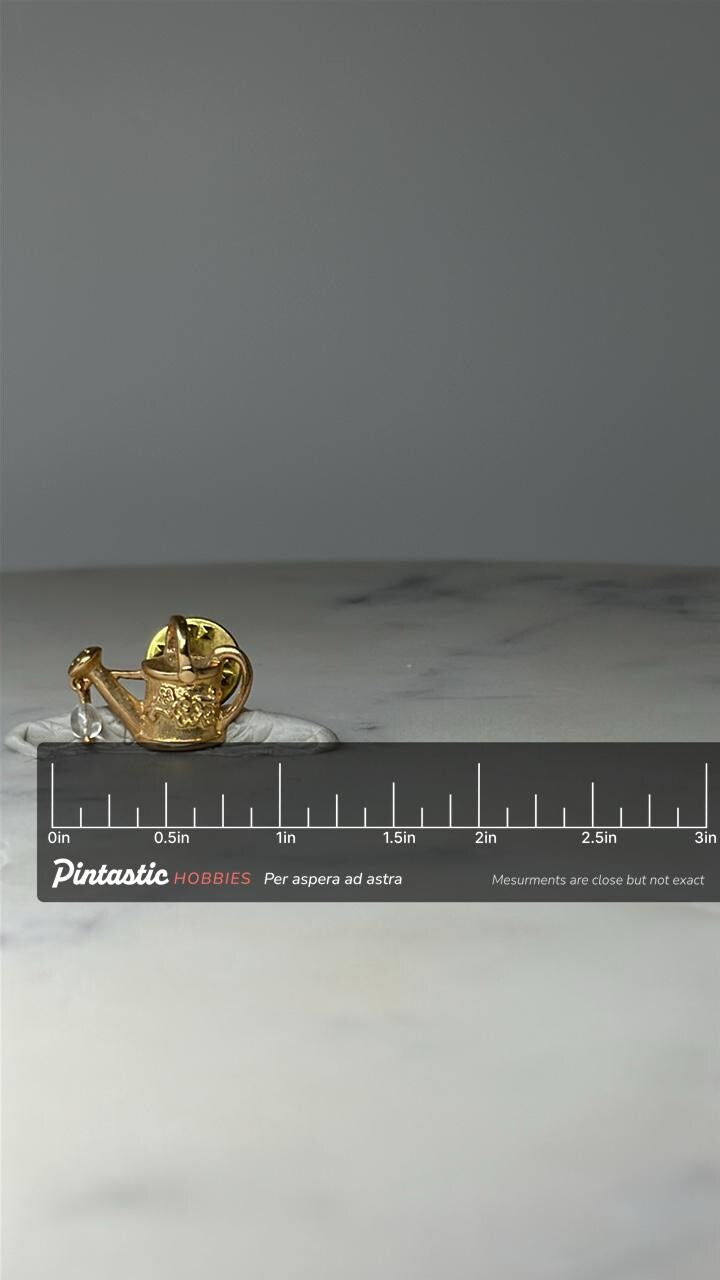 Vintage Watering Can Brooch Pin: Gold Tone - Garden Theme Accessory with ruler overlay for size reference
