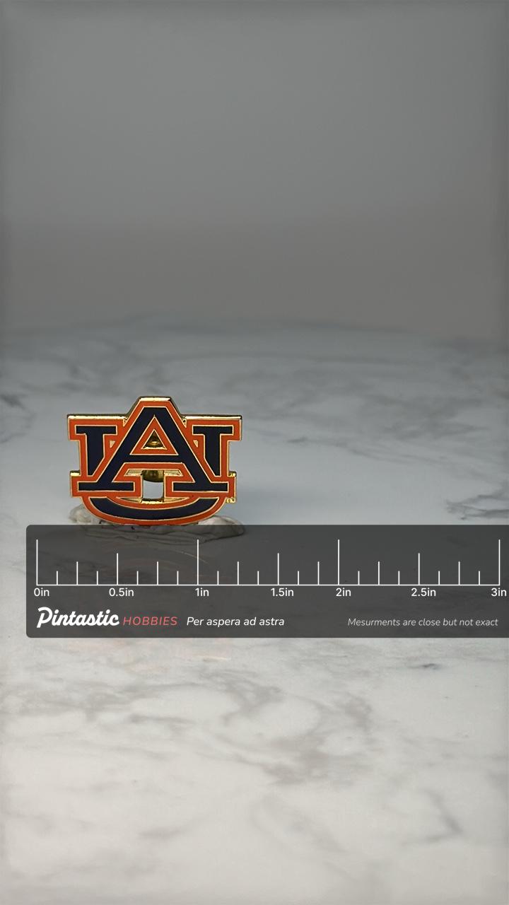 Vintage Auburn University Logo Enamel Pin: Blue & Orange - College Accessory with ruler overlay for size reference