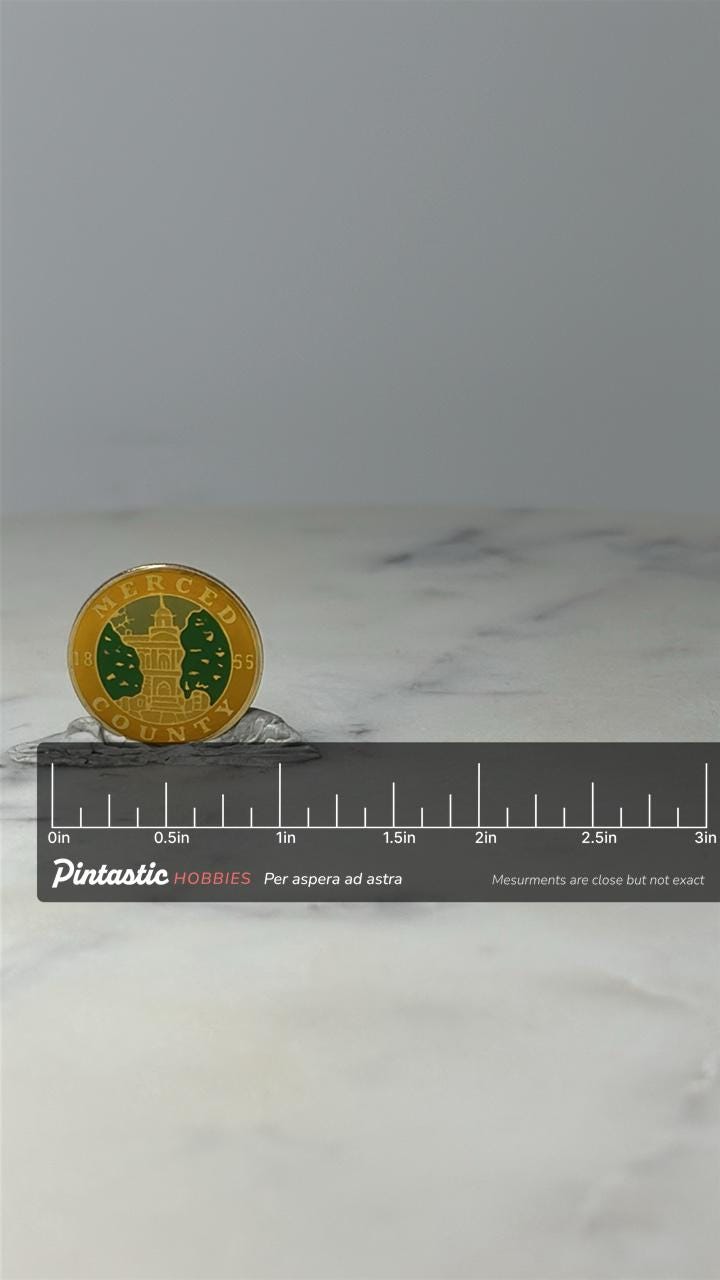 Vintage Mercer County Enamel Lapel Pin: Gold Tone - 1855 Seal with ruler overlay for size reference