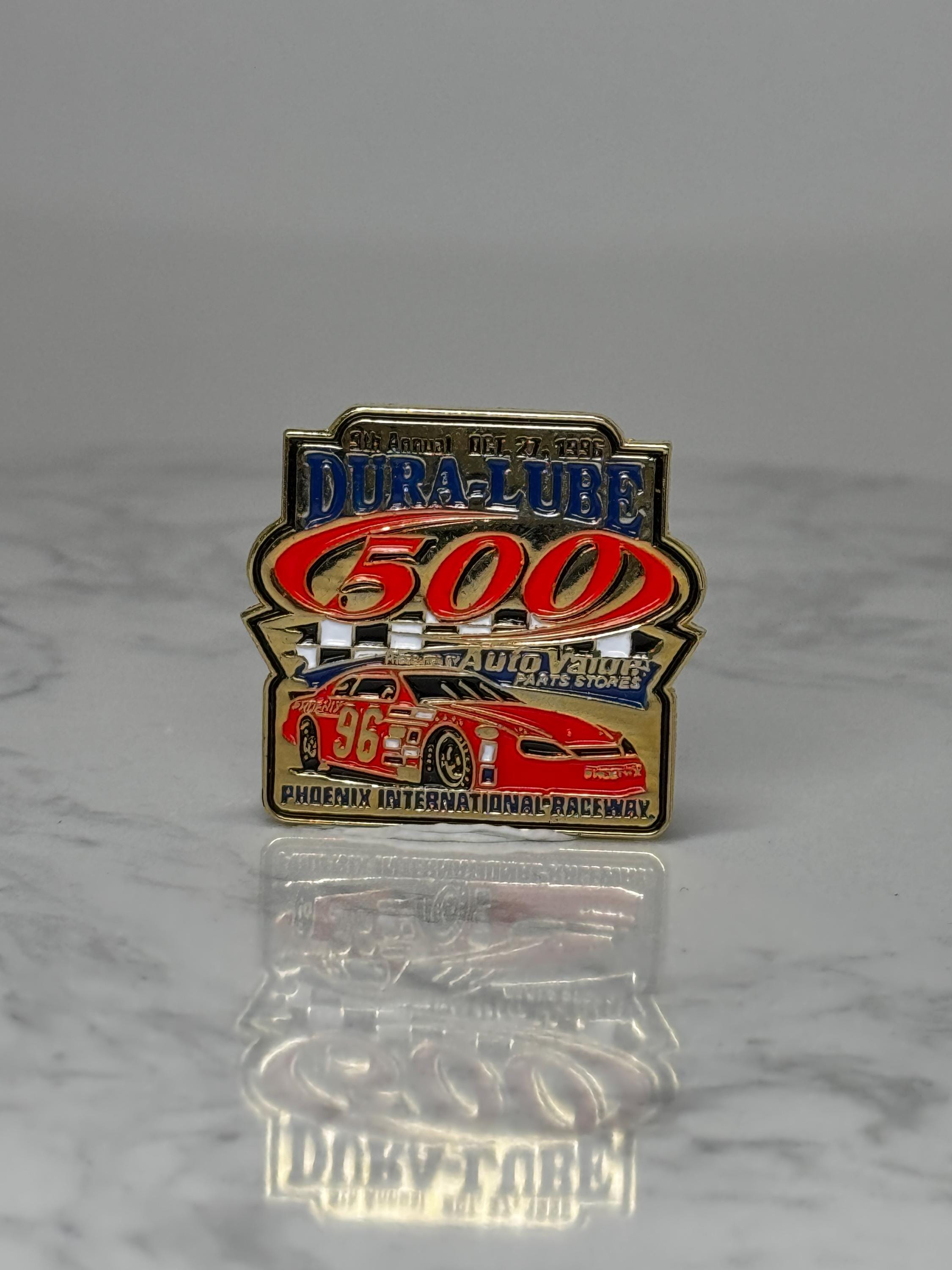 Vintage Dura Lube 500 Lapel Pin: Red Enamel - 1996 NASCAR Accessory