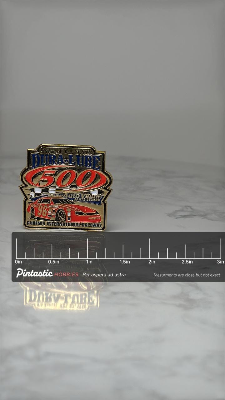 Vintage Dura Lube 500 Lapel Pin: Red Enamel - 1996 NASCAR Accessory with ruler overlay for size reference