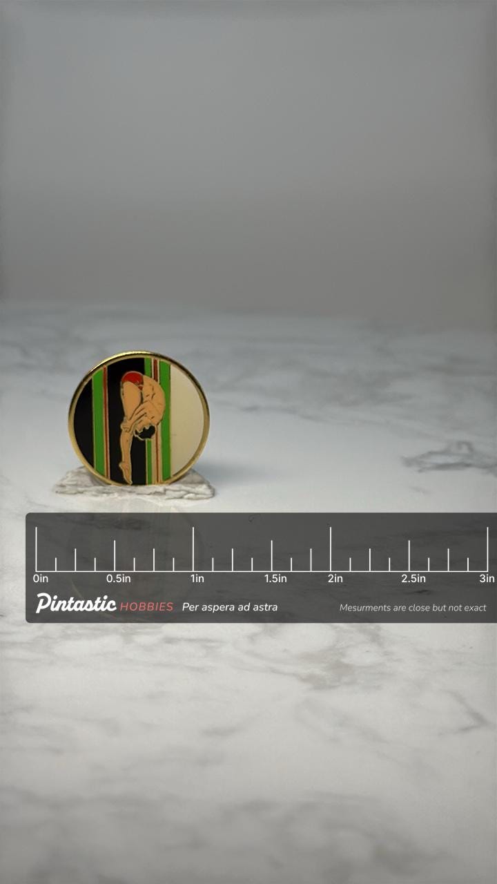 Diver Enamel Pin Vintage Diving Athlete Swimmer Sports Lapel Pin Gold Tone Collectible with ruler overlay for size reference