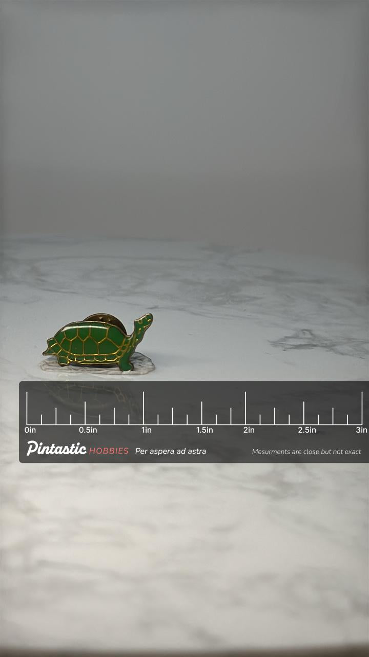 Vintage Turtle Enamel Lapel Pin: Green Gold Tone - Nature Accessory with ruler overlay for size reference