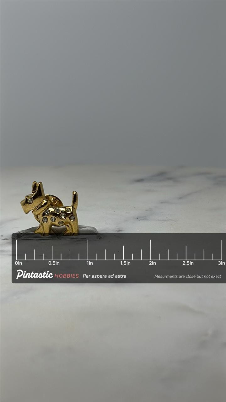Vintage Scottie Dog Lapel Pin: Gold Tone Rhinestone - 1980s Accessory with ruler overlay for size reference