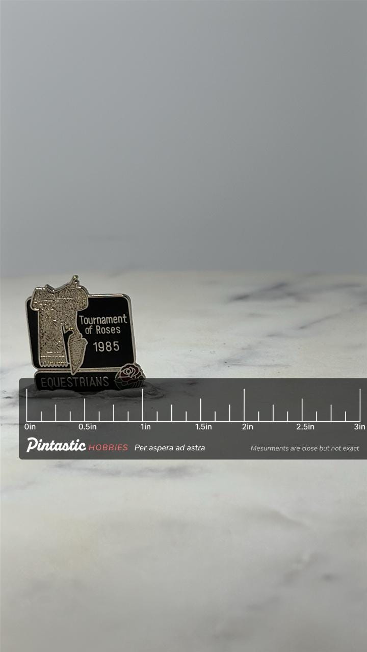 Vintage Tournament of Roses Pin: Silver Tone - 1985 Equestrians Accessory with ruler overlay for size reference