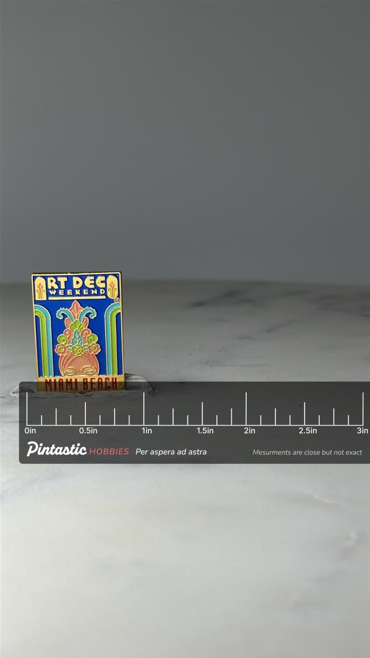Vintage Art Deco Weekend Lapel Pin: Colorful Enamel - Miami Beach Souvenir Accessory with ruler overlay for size reference