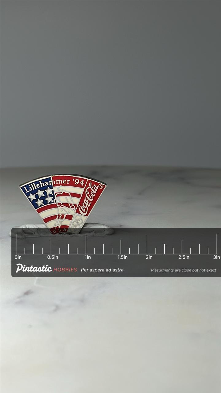 Vintage Lillehammer 1994 Olympic Pin: Enamel Coca Cola USA - Winter Games Accessory with ruler overlay for size reference