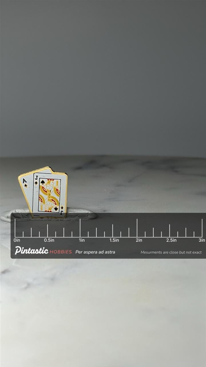 Vintage Playing Cards Enamel Pin: Gold Tone - Casino Gambling Accessory with ruler overlay for size reference