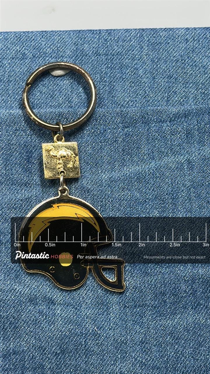 Sand Diego Chargers Helmet Keychain: Vintage Camel Cigarettes Promo Football Key Ring with ruler overlay for size reference