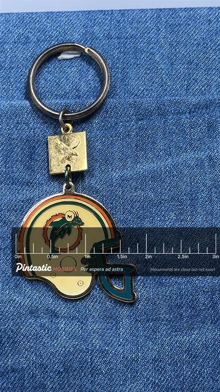 Mami Dolphins Helmet Keychain: Vintage Winston Cigarettes Promo Football Key Ring with ruler overlay for size reference