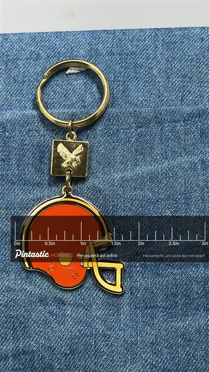 Cleveland Browns Helmet Keychain: Vintage Winston Cigarettes Promo Football Key Ring with ruler overlay for size reference