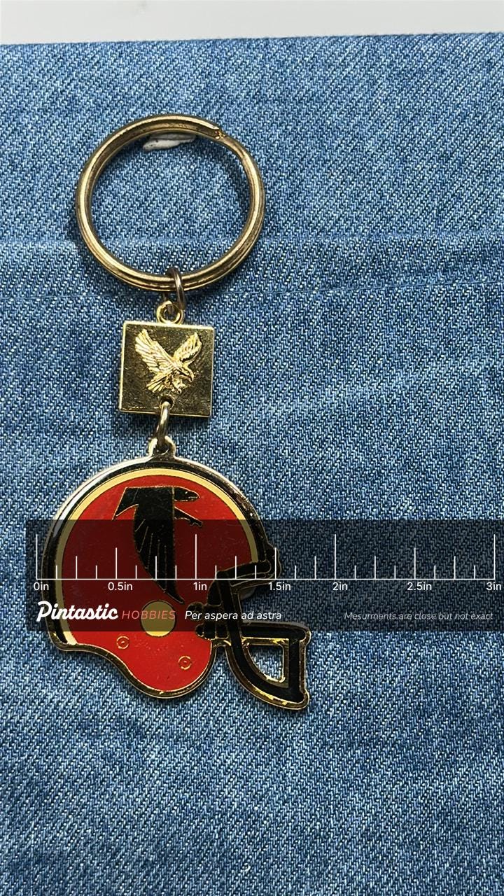 Atlanta Falcons Helmet Keychain: Vintage Winston Cigarettes Promo Football Key Ring with ruler overlay for size reference