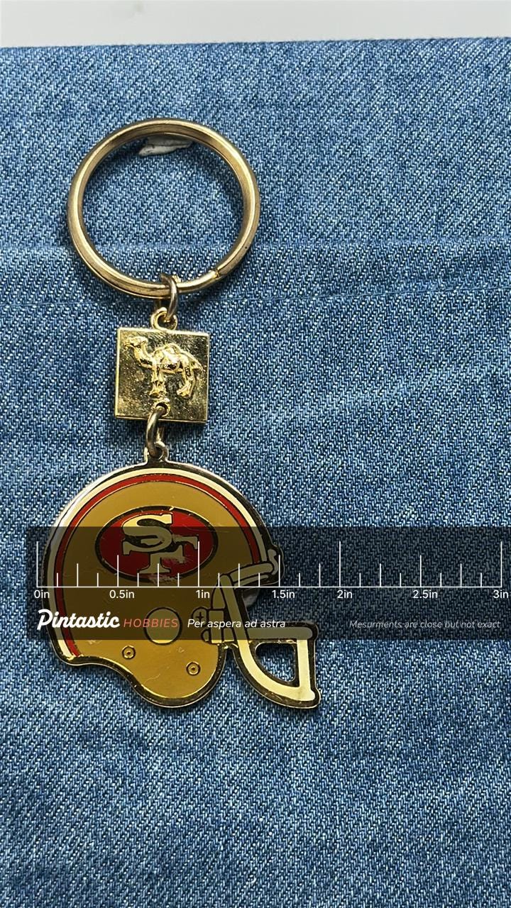 San Francisco 49ers Helmet Keychain: Vintage Camel Cigarettes Promo Football Key Ring with ruler overlay for size reference