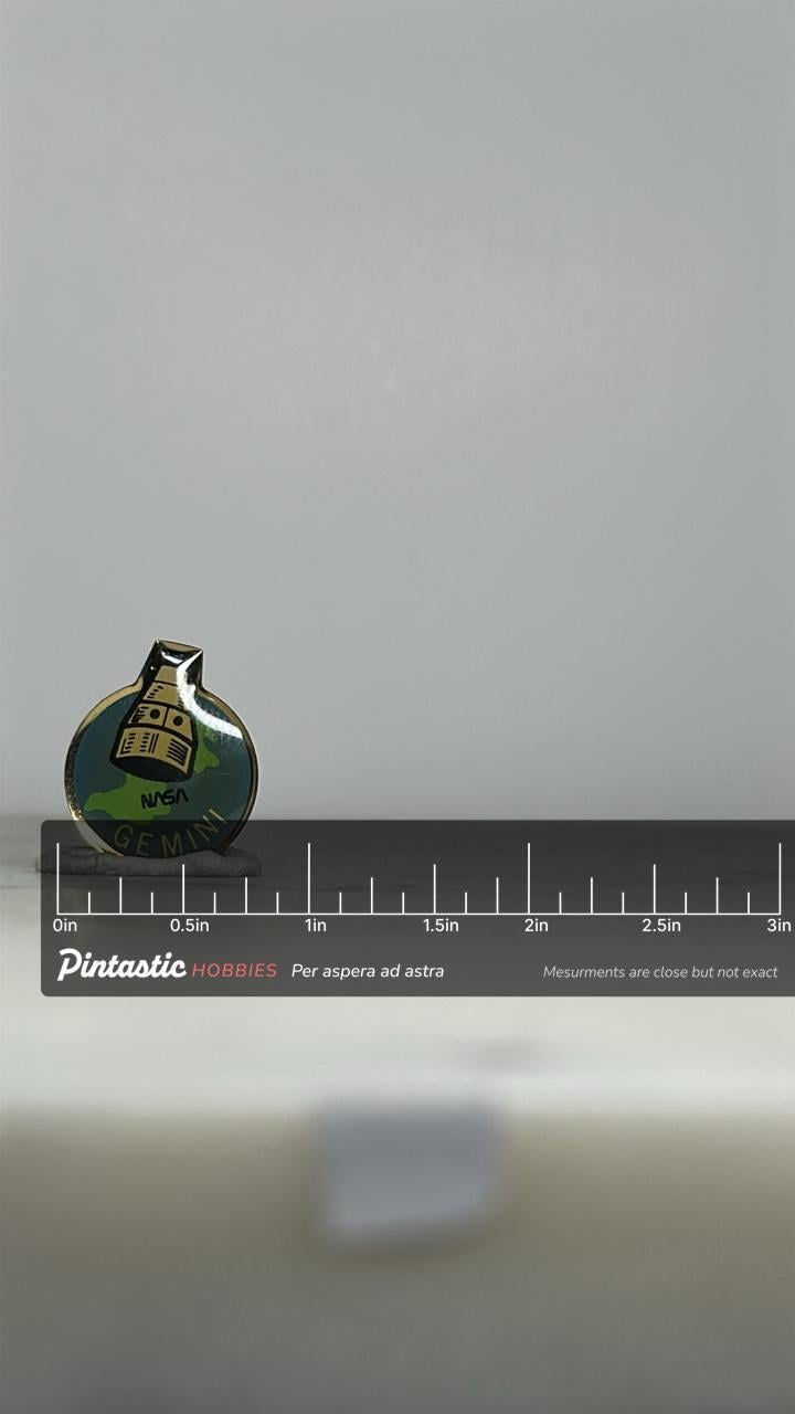 Vintage nasa gemini enamel pin: black gold  - retro space accessory with ruler overlay for size reference