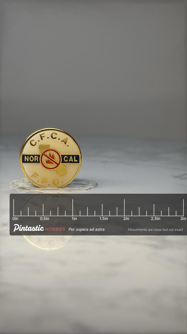 Vintage C.F.C.A Nor Cal EPO Pin: Gold Enamel - Fire Safety Accessory with ruler overlay for size reference