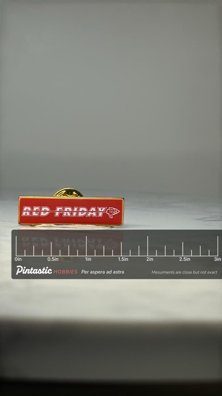 Vintage KC Chiefs Red Friday Enamel Pin: Red Gold NFL Accessory with ruler overlay for size reference