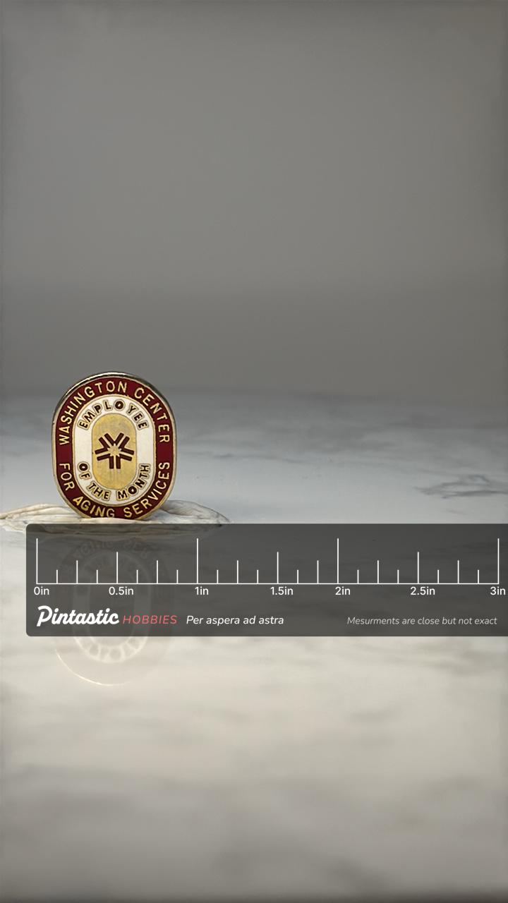 Vintage Washington Center Pin: Red Enamel - Employee of Month with ruler overlay for size reference