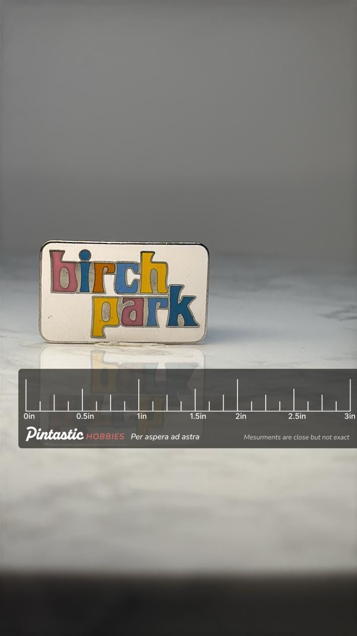 Vintage Birch Park Enamel Lapel Pin: Colorful Lettering - Retro Accessory with ruler overlay for size reference