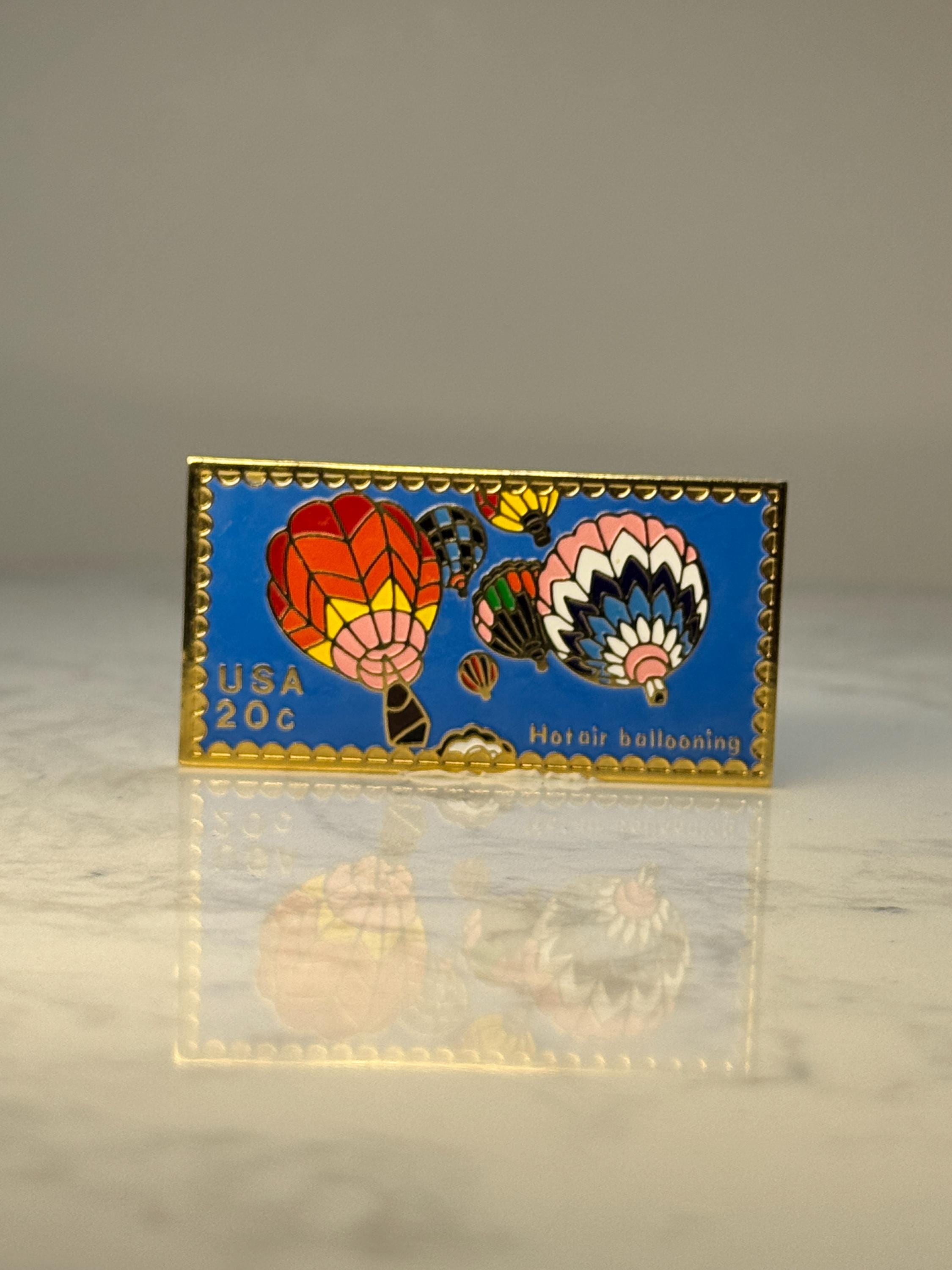 Vintage USA Hot Air Balloon Stamp Pin: Gold Tone Enamel - 1980s Souvenir Accessory