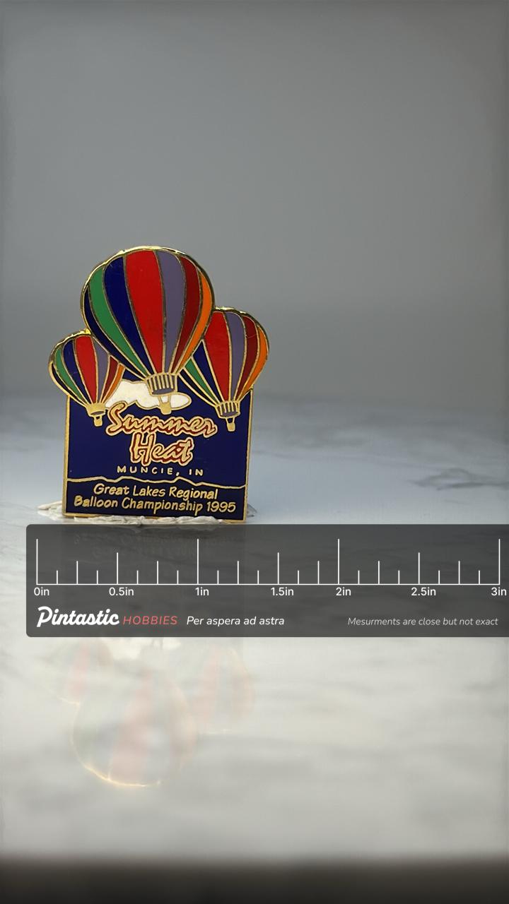 Vintage Hot Air Balloon Event Pin: Colorful Enamel - 1995 Championship Accessory with ruler overlay for size reference