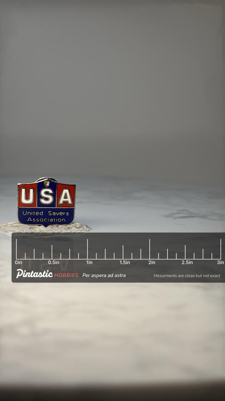 Vintage USA United Savers Association Pin: Red White Blue Enamel - Patriotic Accessory with ruler overlay for size reference