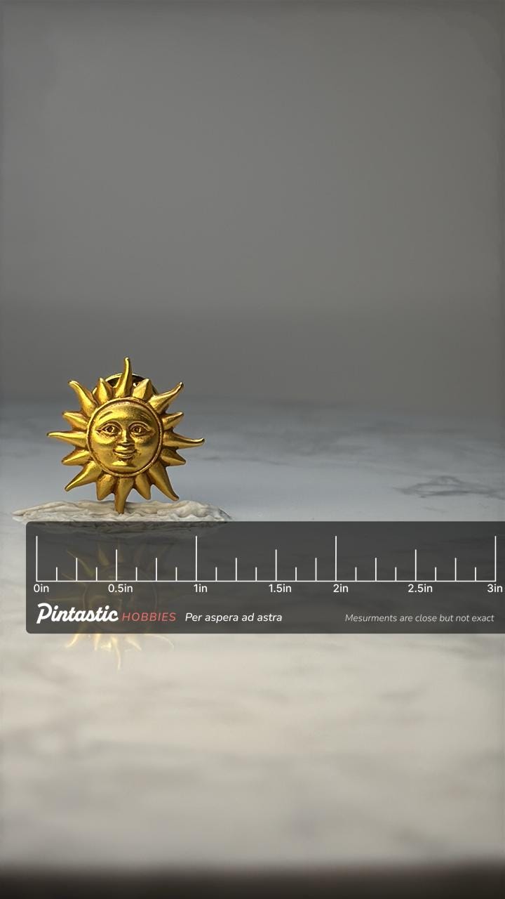 Sun Face Lapel Pin: Gold Tone Celestial - Retro Accessory with ruler overlay for size reference