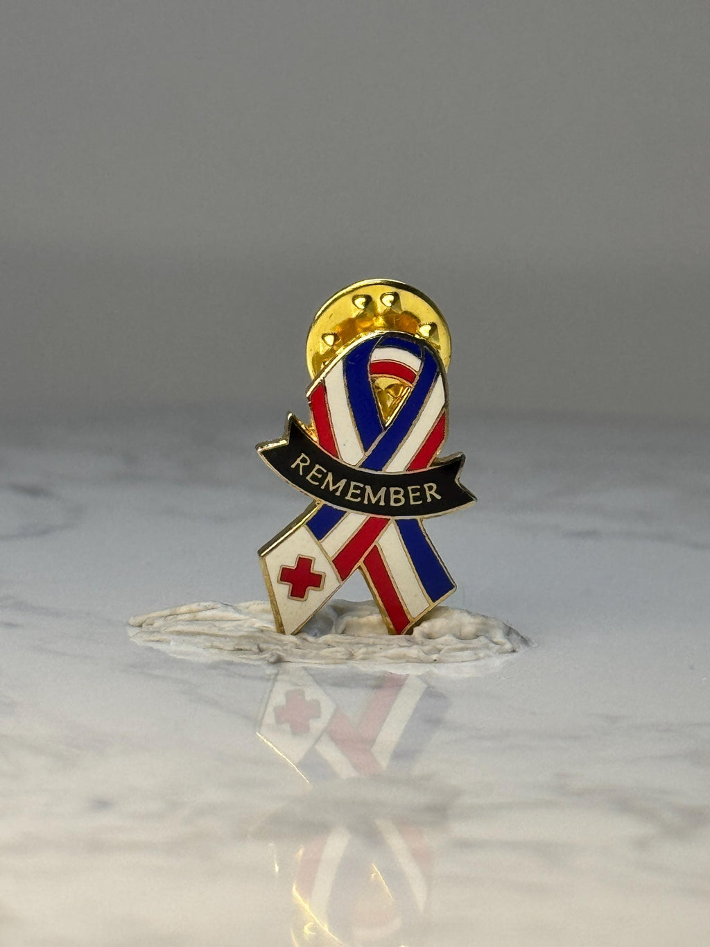 Vintage Red Cross Remember Ribbon Lapel Pin: Enamel Gold Tone - Patriotic Accessory