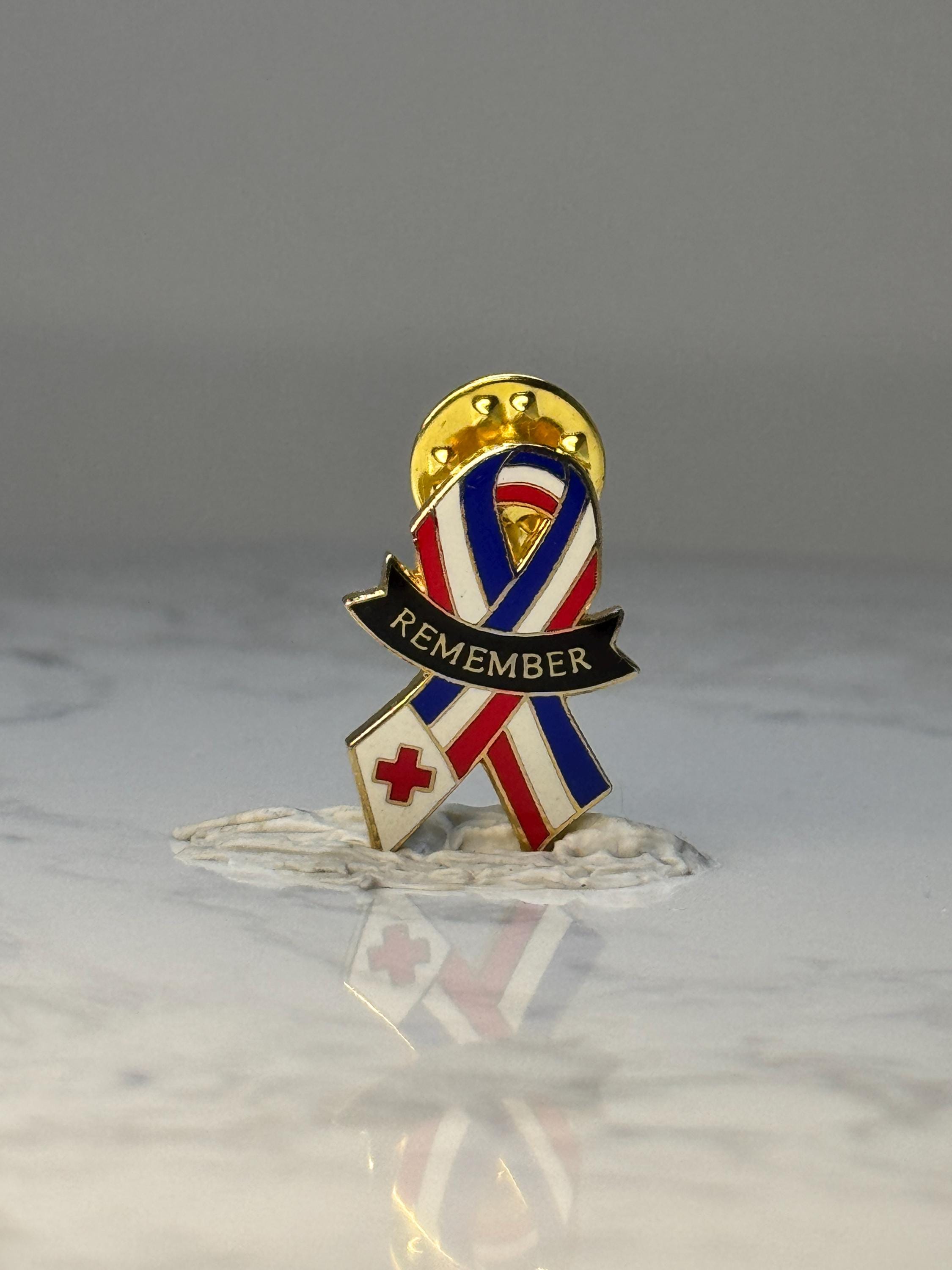 Vintage Red Cross Remember Ribbon Lapel Pin: Enamel Gold Tone - Patriotic Accessory