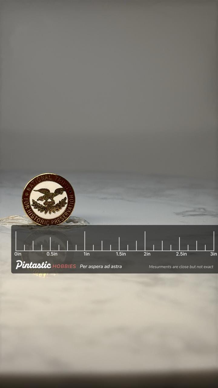 Vintage National Trust Enamel Pin: Brown & Gold - Historic Preservation Accessory with ruler overlay for size reference