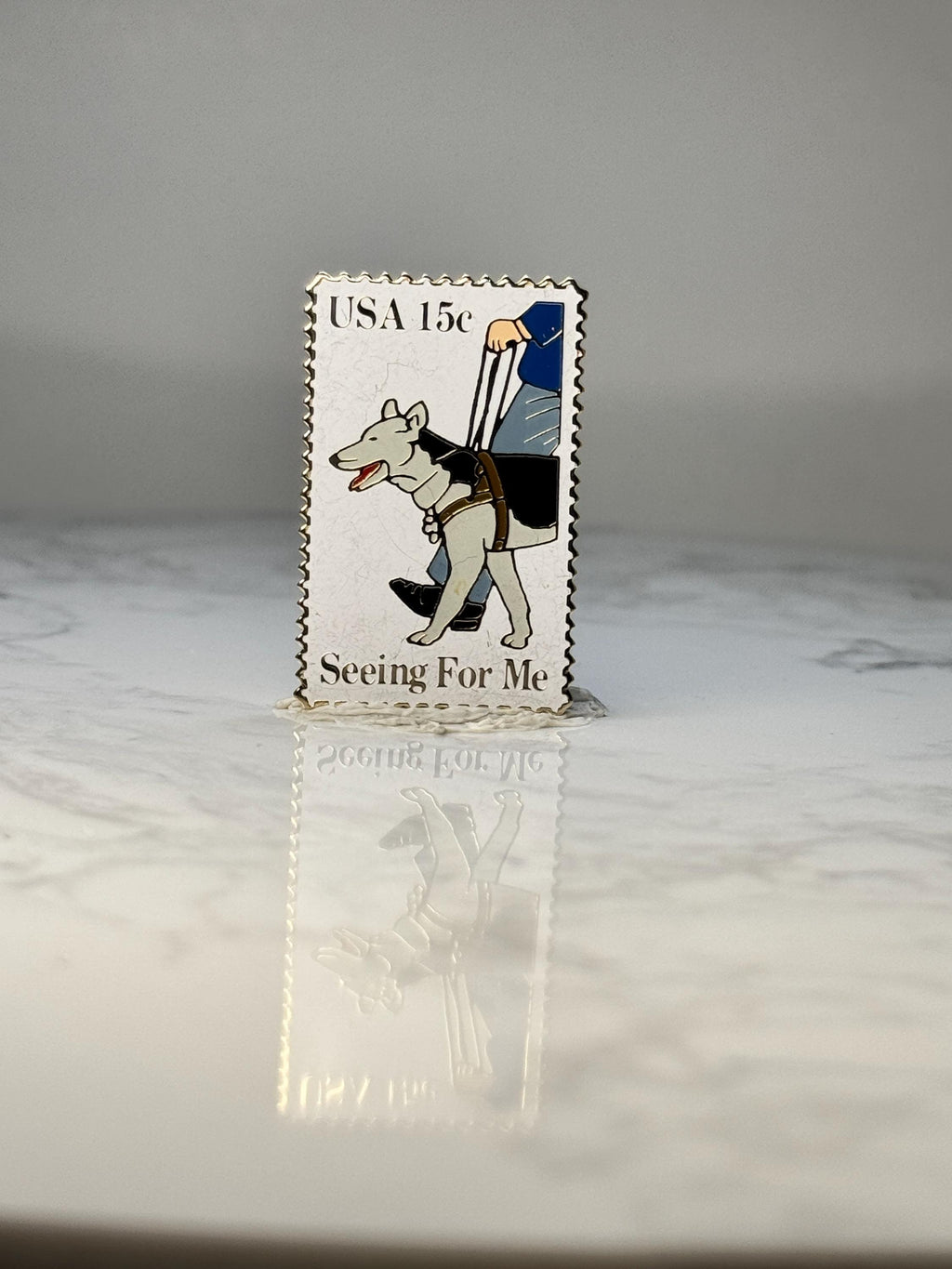 Vintage USA 15c Seeing For Me Stamp Pin: Enamel - Postal Theme Accessory