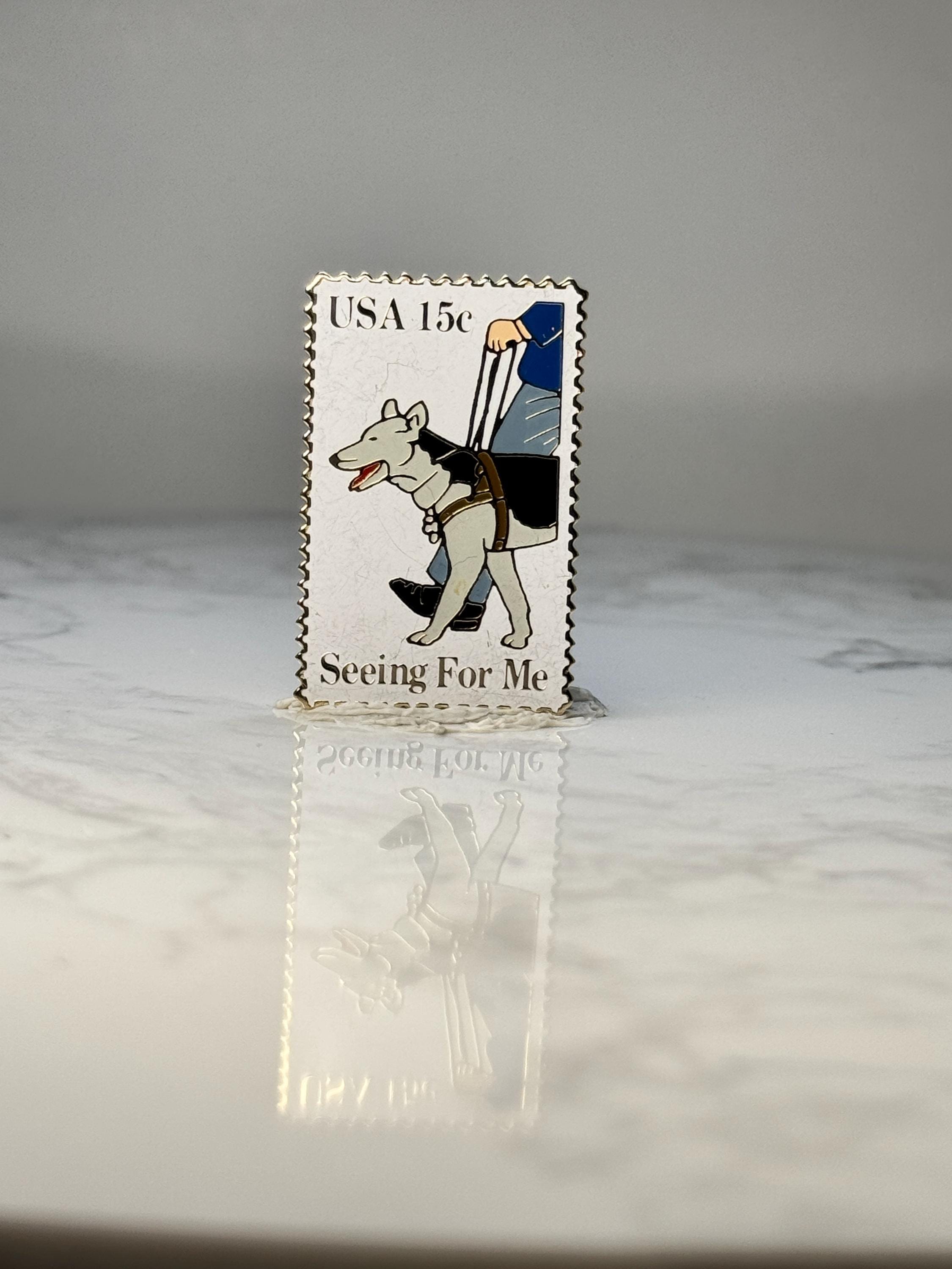 Vintage USA 15c Seeing For Me Stamp Pin: Enamel - Postal Theme Accessory