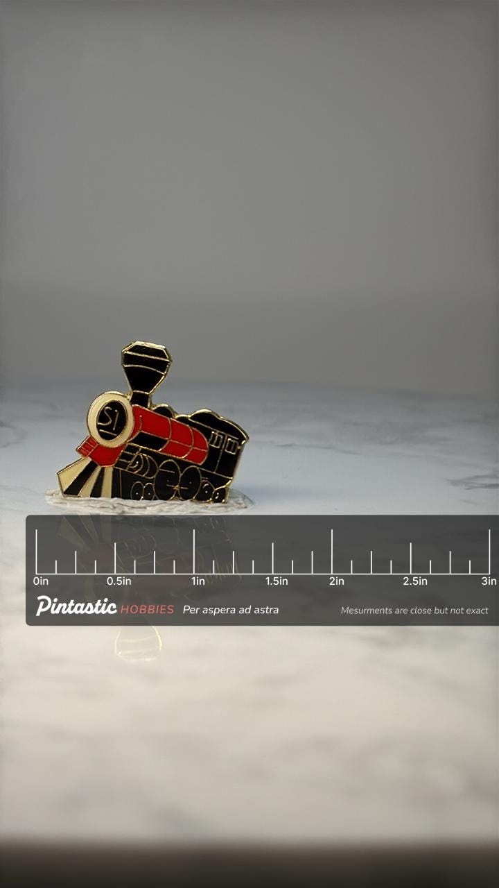 Vintage S1 Steam Locomotive Enamel Pin: Red Black Gold - Train Accessory with ruler overlay for size reference