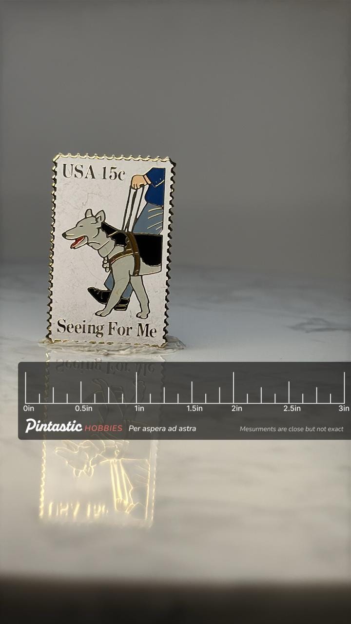 Vintage USA 15c Seeing For Me Stamp Pin: Enamel - Postal Theme Accessory with ruler overlay for size reference