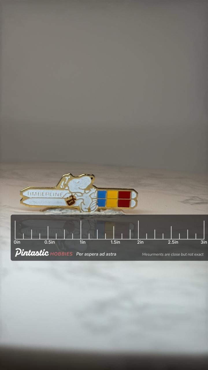Vintage Snoopy Timberline Ski Pin Vintage: Peanuts Character - Ski Resort Souvenir with ruler overlay for size reference