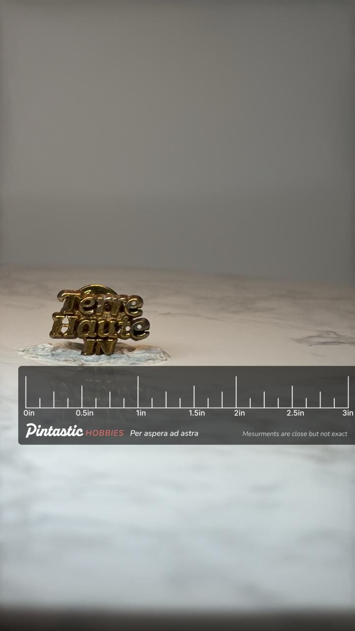Vintage Terre Haute IN Lapel Pin: Gold Tone - City Souvenir Accessory with ruler overlay for size reference