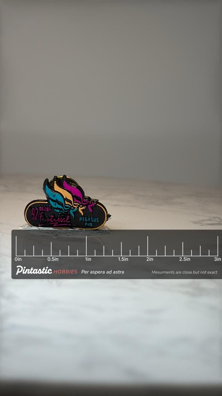 Vintage 1992 Derby Festival Pegasus Pin: Neon Enamel - Horse Racing Accessory with ruler overlay for size reference
