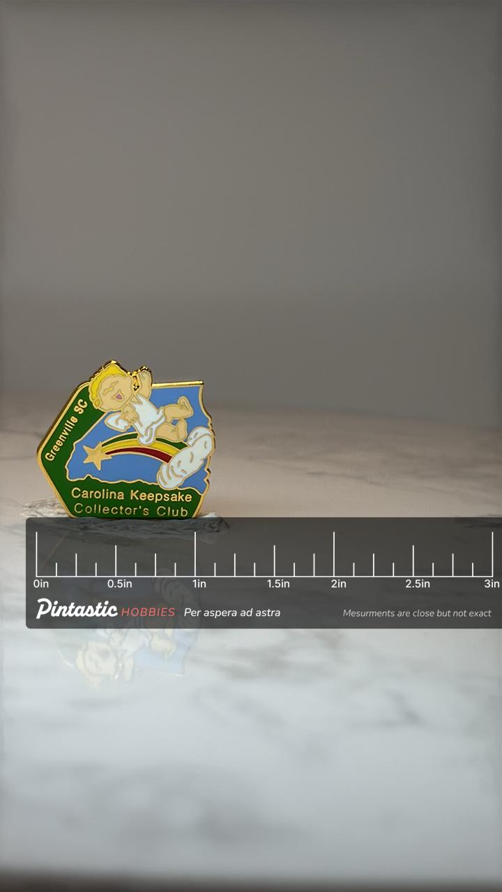 Vintage Greenville SC Collector Pin: Gold Tone Enamel - 1980s Club Accessory with ruler overlay for size reference