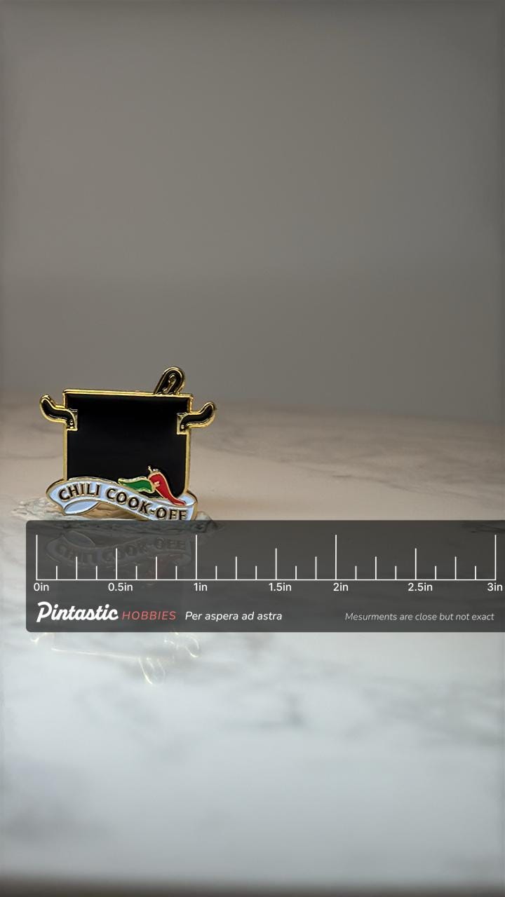 Chili Cook-Off Enamel Pin: Gold Tone - Food Festival Accessory with ruler overlay for size reference