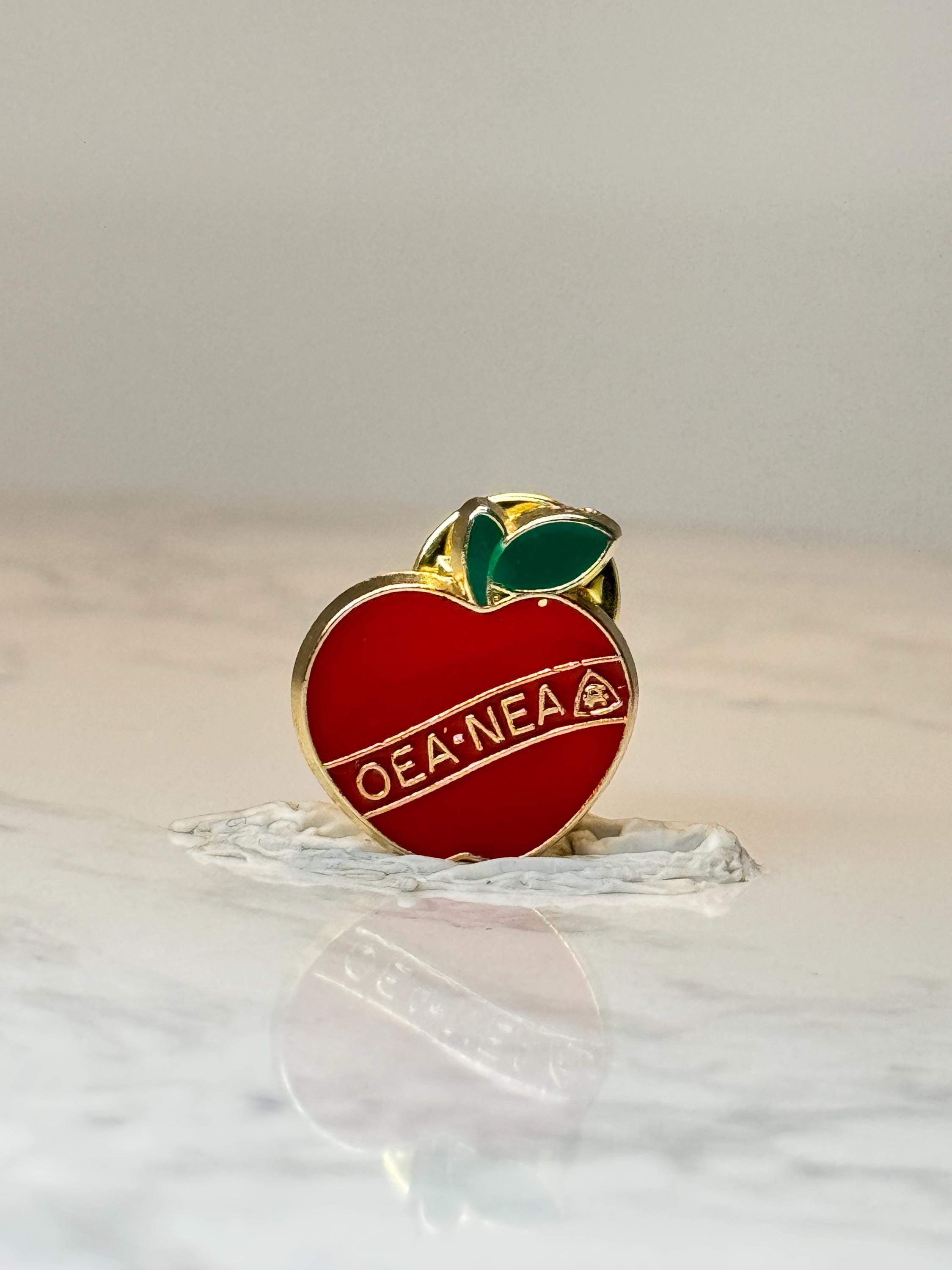 Vintage OEA NEA Apple Lapel Pin: Red Enamel Gold Tone - School Accessory