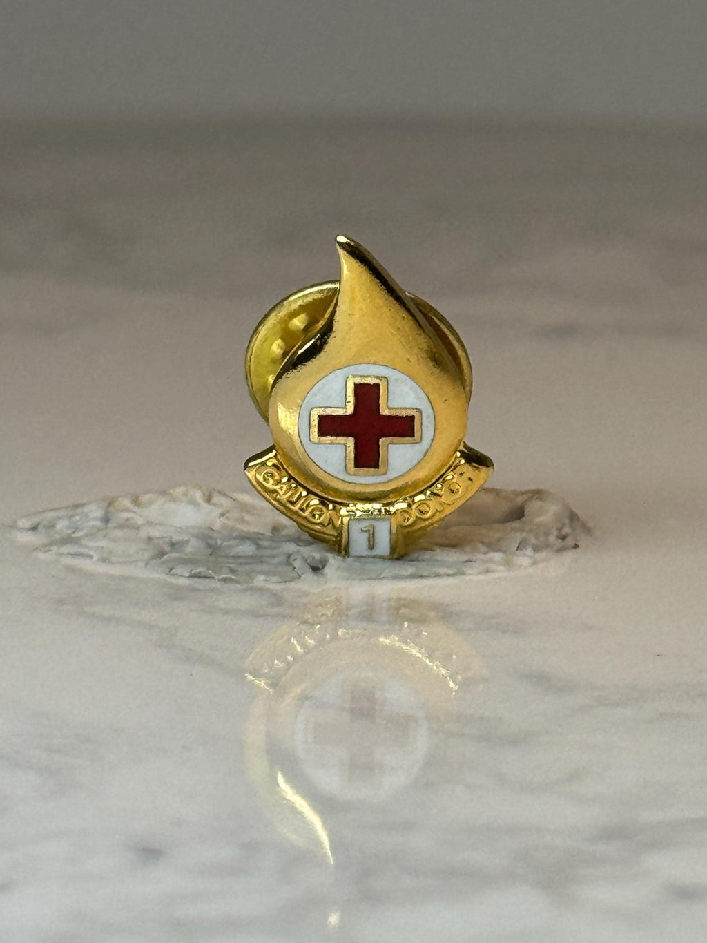Vintage Red Cross Blood Drop Lapel Pin: Gold Tone Enamel - Medical Service Accessory