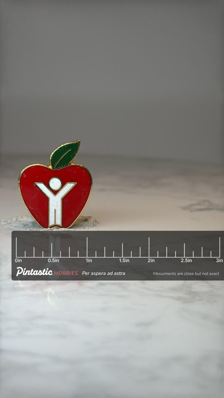 Vintage Apple Teacher Lapel Pin: Red Enamel - School Accessory with ruler overlay for size reference