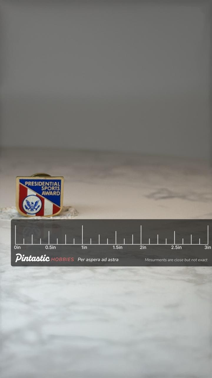 Vintage Presidential Sports Award Pin: Red White Blue Enamel - Patriotic Accessory with ruler overlay for size reference