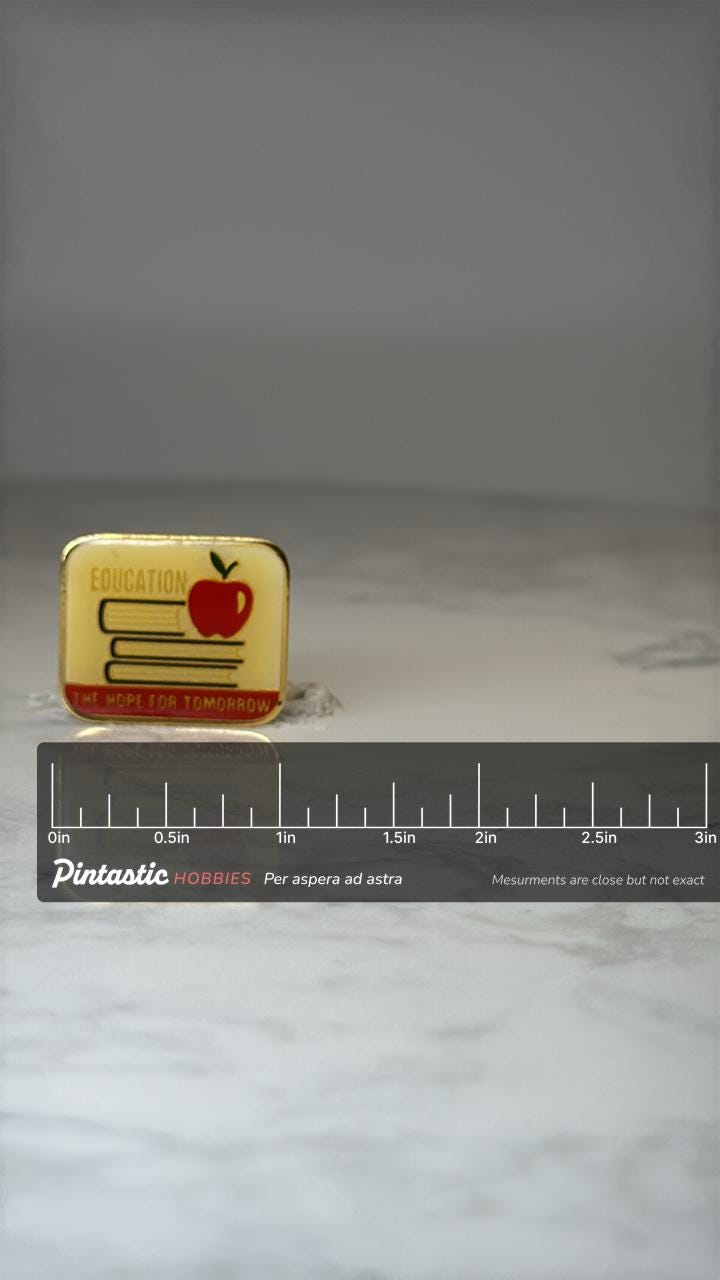 Vintage Education Enamel Pin: Gold Tone Red Apple - Teacher Era Accessory with ruler overlay for size reference