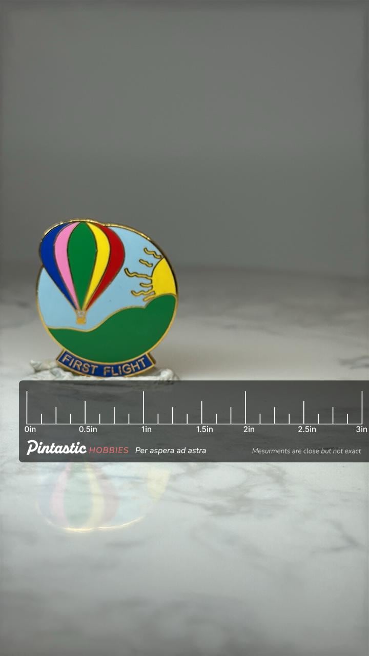 Vintage Hot Air Balloon Lapel Pin: Gold Tone Enamel - First Flight Souvenir with ruler overlay for size reference