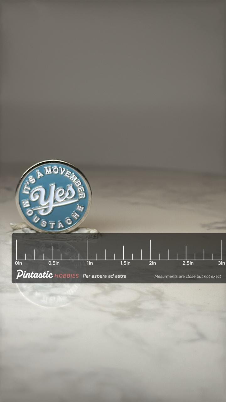 Movember Mustache Enamel Pin: Blue Silver - November Accessory with ruler overlay for size reference