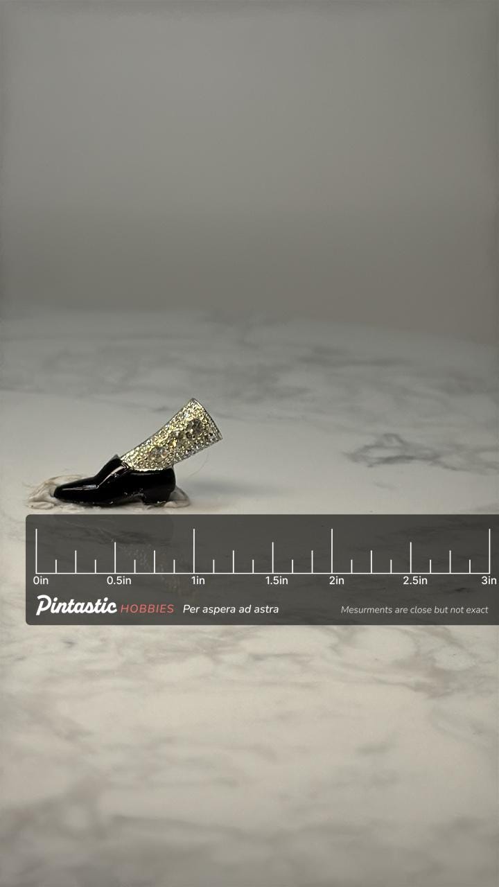 Vintage Dress Shoe Leg Pin: Black Enamel & Rhinestone - Novelty Accessory with ruler overlay for size reference